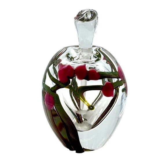 Handblown Zellique Signed Glass Perfume Bottle Stopper Pink Floral Painted 4"H - Picture 3 of 7